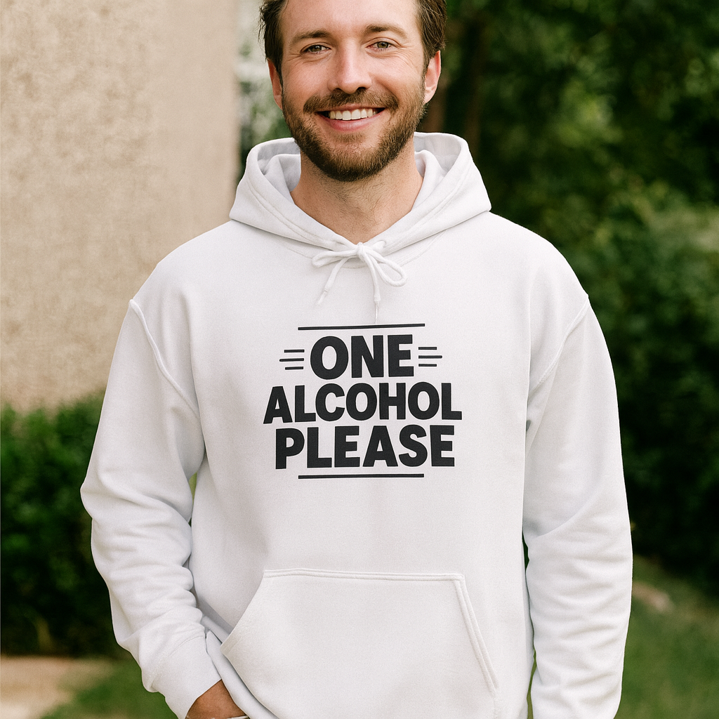 Smiling man in a white One Alcohol Please funny drinking hoodie standing in a backyard