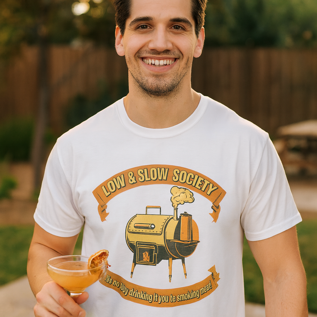 Smiling man in a white Low & Slow Society BBQ smoker shirt holding an orange cocktail outdoors