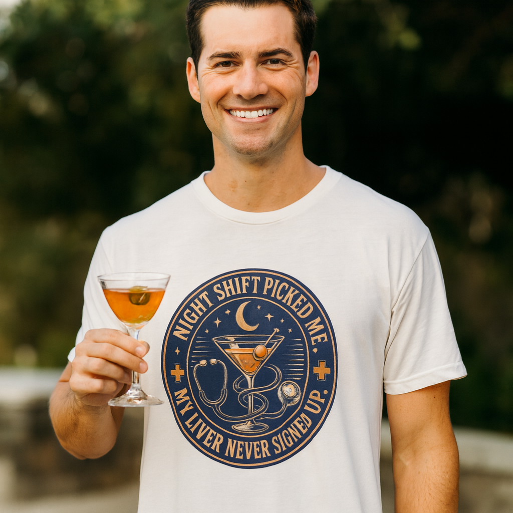 Smiling man in a white Night Shift Picked Me funny nurse shirt holding a cocktail outdoors