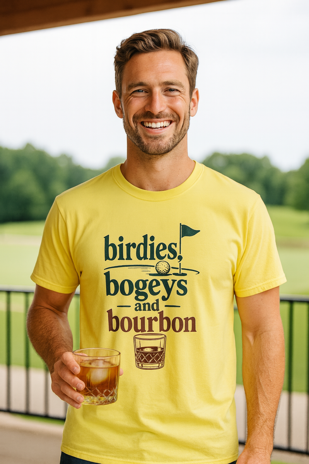 Smiling man in a yellow Birdies, Bogeys, and Bourbon funny golf shirt holding a whiskey glass outdoors