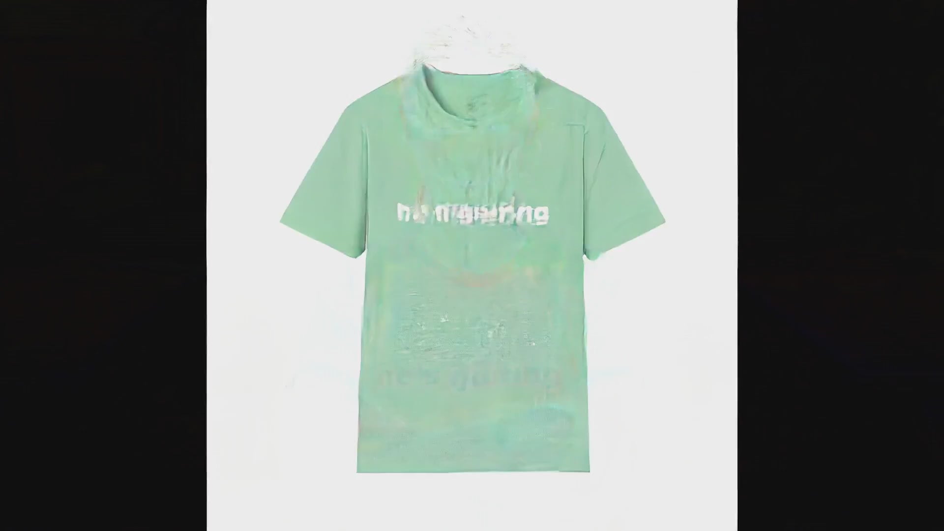 Video of a woman standing in a sunny driveway with arms crossed, giving an amused smirk toward the camera, wearing a mint green t-shirt with bold white text reading He's Golfing