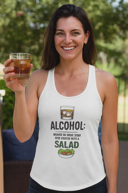 Video of a man in a No Great Story Started With a Salad funny alcohol tank top