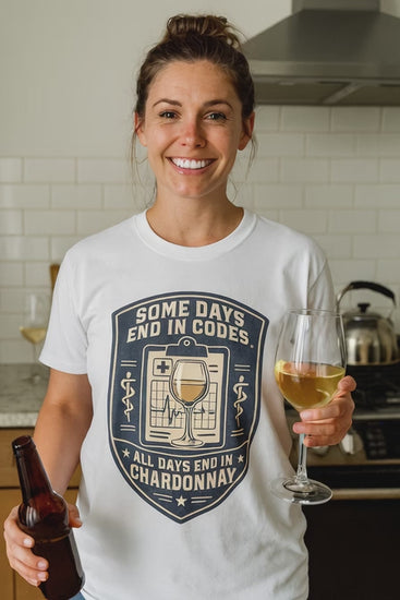 Video of a woman in a white Some Days End in Codes funny ER nurse shirt in a kitchen